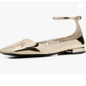 XYD Women Closed Square Toe Flats Ankle Skinny Strap Buckle Glossy Gold Shoes